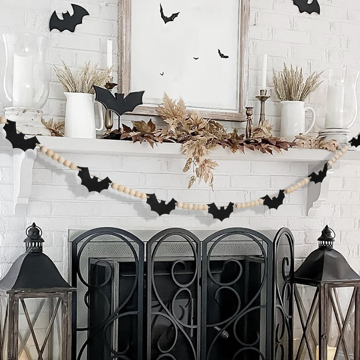 Halloween Decorations-Black Felt Bats Wood Beads Garland for Halloween Decorations Indoor- Farmhouse Felt Banner for Fireplace Mantel Walls FestalMart
