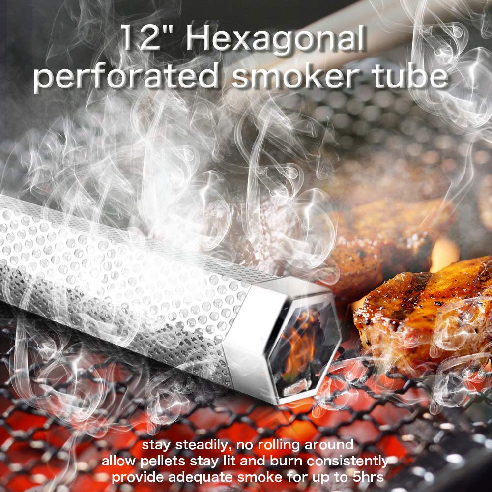 Smoke Tube for Pellet Smoker, 12'' Smoker Tube for Pellet Grill - Hot or Cold Smoker Accessories for Electric Gas Charcoal Grilling, Premium Stainless Steel Portable Barbecue Smoking Tube, Bonus Brush LANNEY
