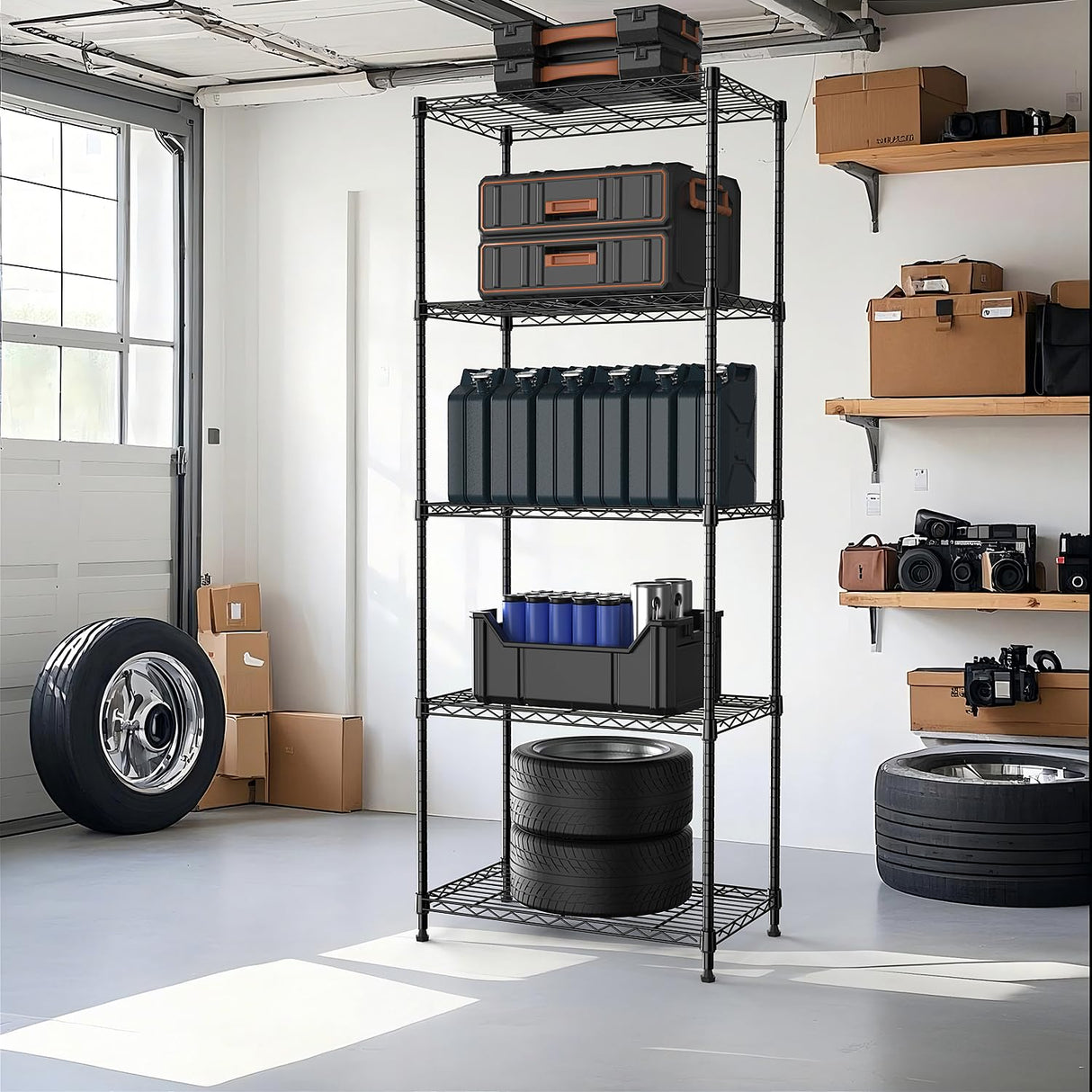 M MZG 1250 lbs 5 Tier Shelf Metal Storage Shelves Wire Rack Closet Organizers with Wheel for Garage Kitchen Bathroom Laundry Black 13.7" D x 23.6" W x 62.4" H M MZG
