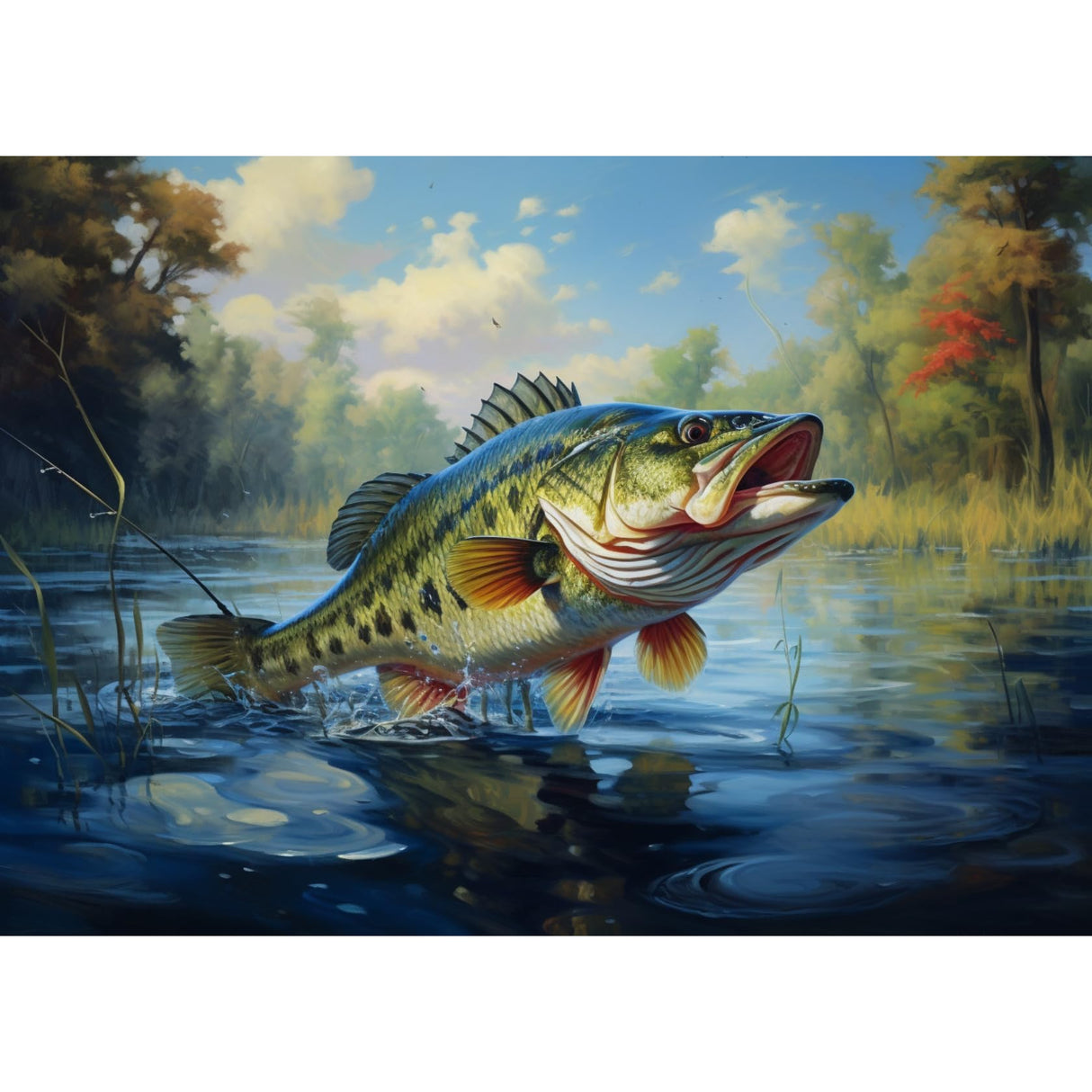 5D Diamond Art Painting Bass Fish Jump Out Full Drill Diamond Art Painting by Number Kits for Adults Square Beads Mosaic Cross Stitch for Wall Decoration 16x12inch WoodArtSupply