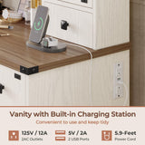 DICTAC Farmhouse Makeup Vanity Desk with Lighted Mirror & Power Strips, Vanity Table with Sliding Barn Door Hidden Shelves & 5 Drawers & 2 Cabinets, White Dressing Table for Bedroom, Lights Adjustable DICTAC