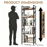 72"H 5-Tier Bookshelf: MDF Wood & Steel Shelves with 500lbs,Tall Narrow Adjustable-Shelf Bookcase.Bookshelves Storage Organizer, Industrial Display Standing Shelf Unit for Living Room/bedroom/Office FREGREE