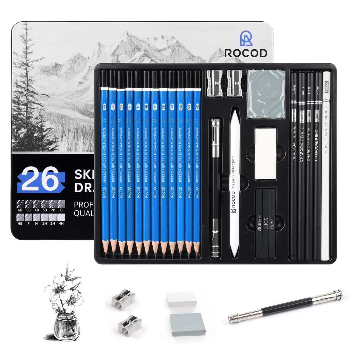 ROCOD Sketch Pencils for Kids and Adults Drawing, 26-Piece Profession Sketching Pencils, Drawing Pencil for Artists Beginner Sketching, Art Graphite Pencil 6B to 4H ROCOD