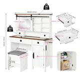 Redlife Farmhouse Vanity Desk with Mirror and Lights, 46" Vanity Set with Stool & Charging Station & Jewelry Cabinet - Makeup Vanity Desk with Glass Tabletop, 4 Drawers, Antique White Redlifeᅟᅠ