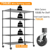 Himimi Storage Shelves 60"W Wire Shelving with Wheels 3250LBS Heavy Duty Metal Shelves for Storage, 5-Tier Adjustable Wire Rack Shelving Garage Shelving Kitchen Storage Shelves 24"Dx60"Wx82"H, Black Himimi