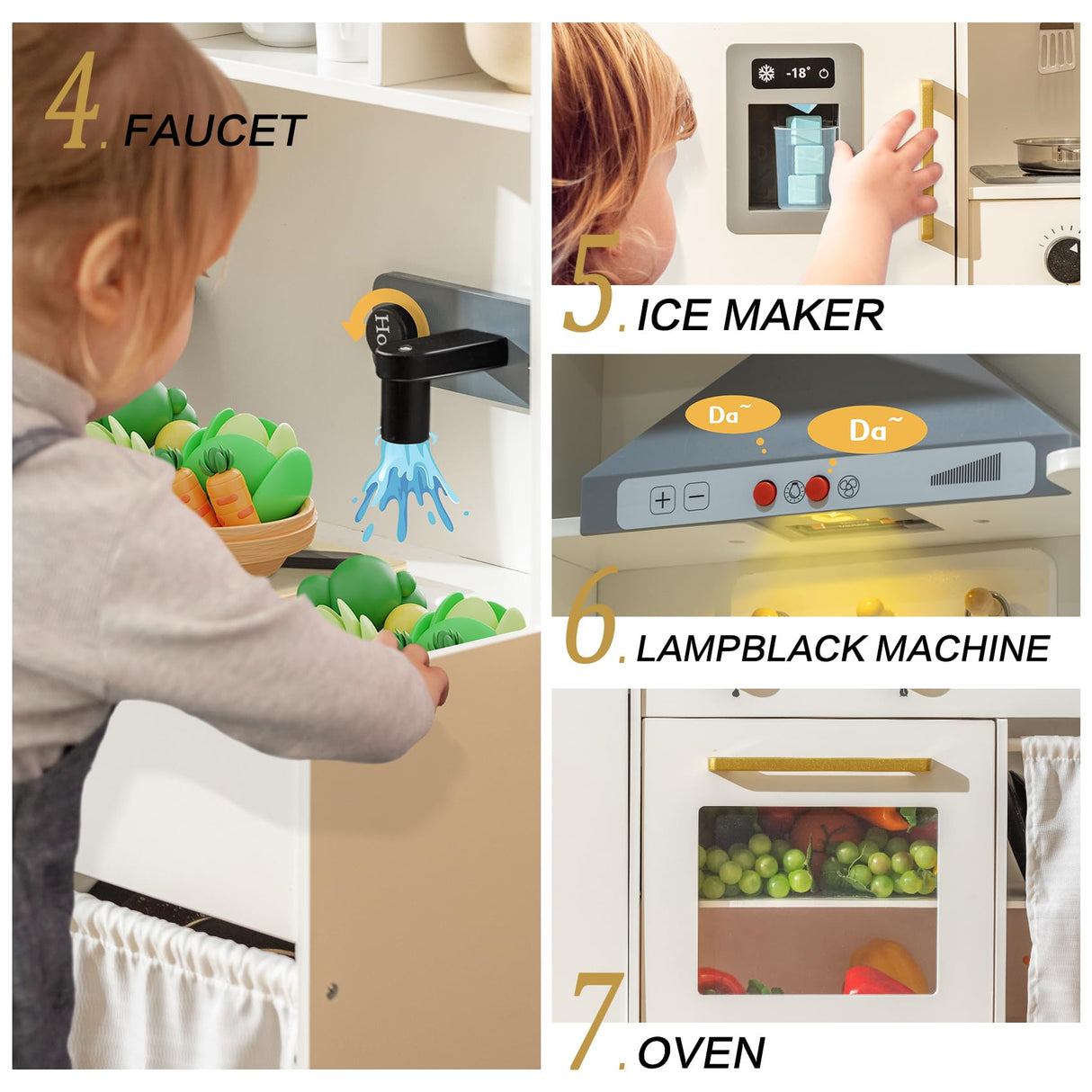 Kids Kitchen Playset, Realistic Wooden Kitchen Playset for Toddlers & Kids with Lights, Sounds & Storage, Ideal Gift for Boys & Girls deli