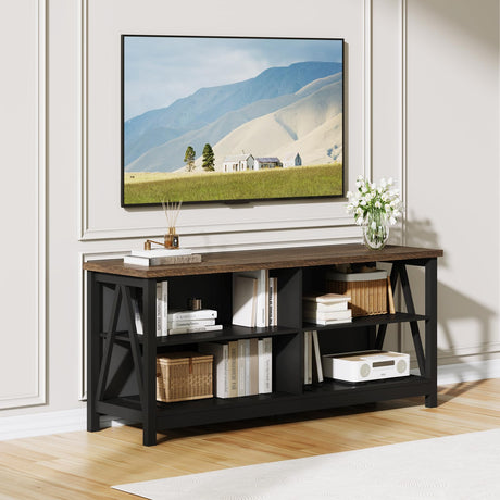 ChooChoo Farmhouse TV Stand for TVs up to 55 Inch, Modern Entertainment Center with 4 Open Shelves & Built-in Cable Holes, Media TV Console for Living Room, Bedroom, Black ChooChoo