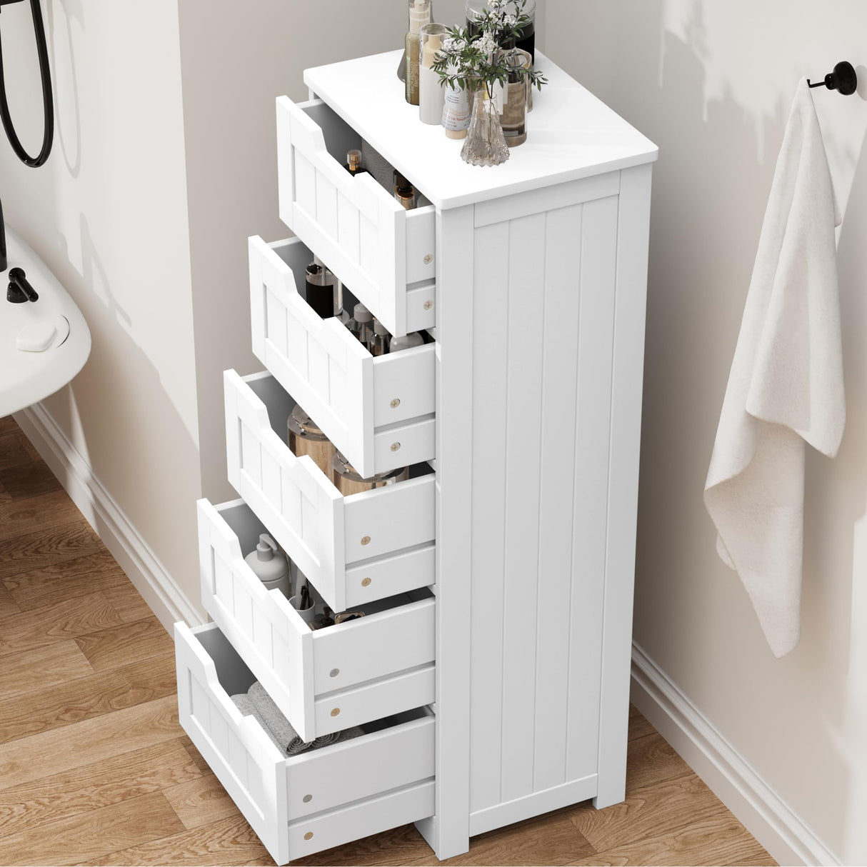 FOTOSOK Bathroom Floor Cabinet, Free-Standing Storage Cabinet with 5 Drawers, 11.8” x 15.7” x 40.1” Wooden Storage Cabinet with Cut-Out Handles, Side Tall Storage Cabinet for Bathroom, Living Room FOTOSOK