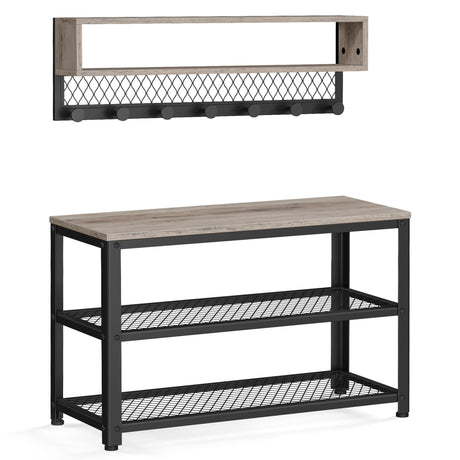 VASAGLE Coat Rack Shoe Bench Set, Hall Tree with Bench, Entryway Furniture, Multifunctional, Dot Coat Hooks, 2-Tier Shoe Rack, Industrial Style, for Entryway, Hallway, Heather Greige ULCR073K02 VASAGLE