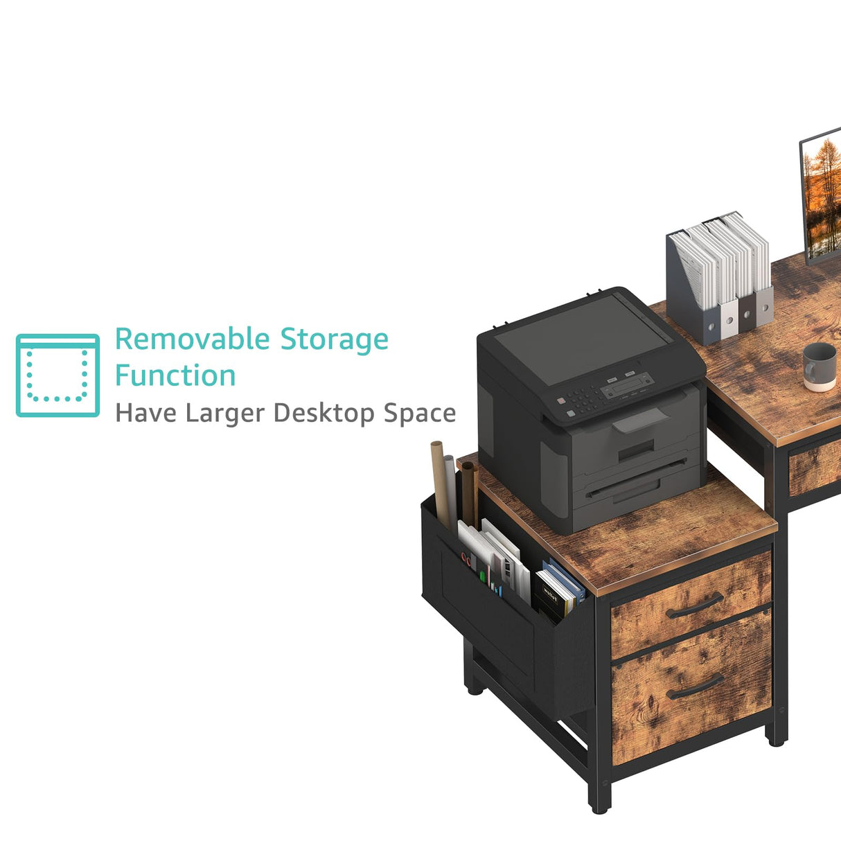 Lufeiya Computer Desk with Fabric File Drawers Cabinet, 57 Inch Home Office Desks with Filing Cabinet Printer Stand for Small Space, Study Writing Table PC Desks for Bedroom, Brown Lufeiya