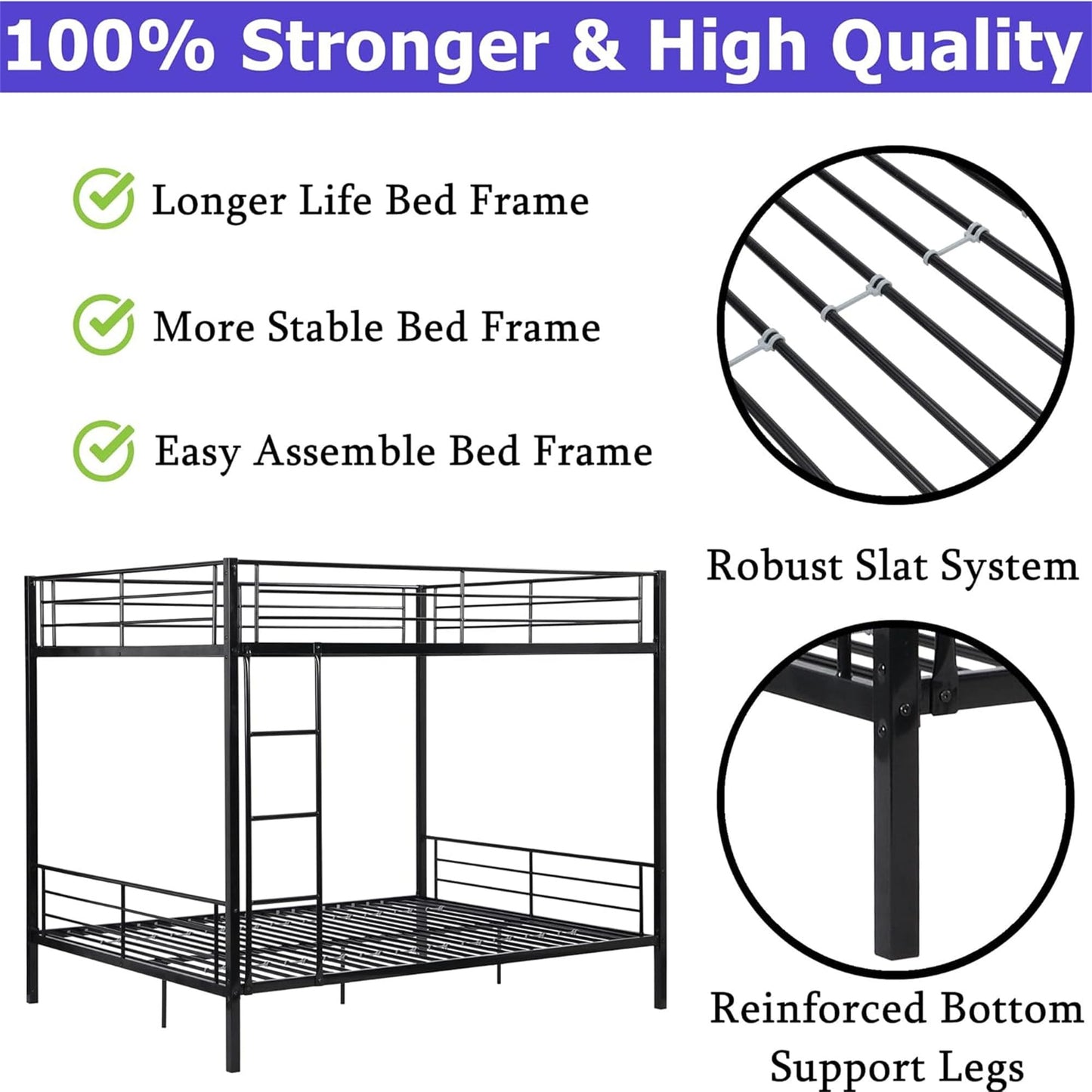 Tenouvos Higher Quality & Stronger Metal Queen Size Bunk Bed for Kids Adult, Heavy Duty Queen Over Queen Bunk Beds Frame with Built-in Ladde & Guard Rails for Kids Adult Teens, Quick Assembly, Black