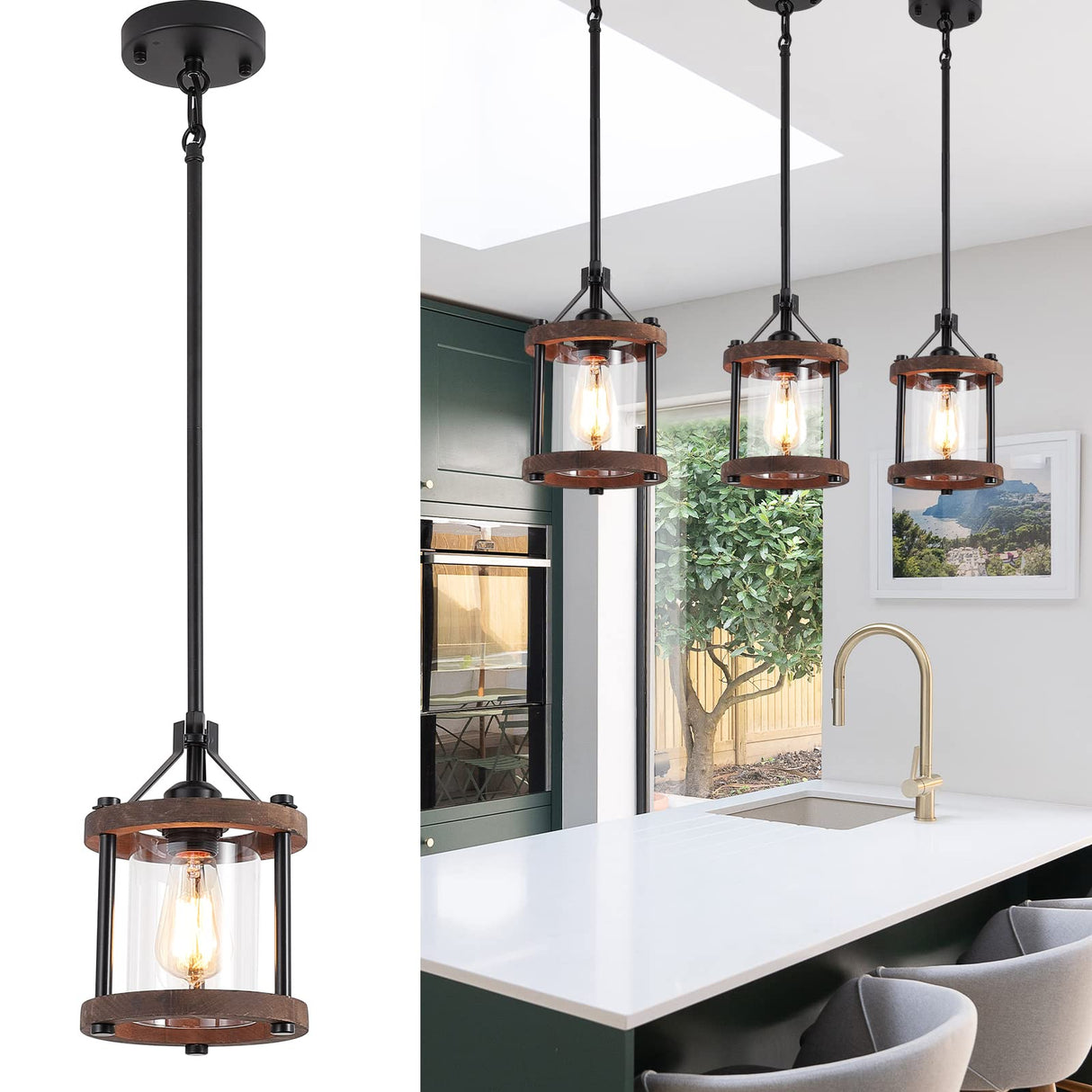 SGLfarmty Farmhouse Pendent Lights in Kitchen Island, Rustic Wood Pendant Light with Glass Shade, Bronze Entryway Pendant Lighting, Adjustable Glass Hanging Light Fixtures for Foyer, Sink, 1 Pack SGLfarmty