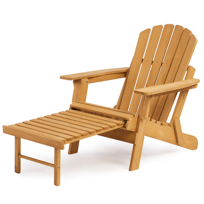 Oversized Outdoor Wooden Folding Adirondack Chair with Retractable Ottoman, Pre-Assembled BackRest & SeatBoard, Wood Patio Chair for Garden Backyard Porch Pool Deck Firepit