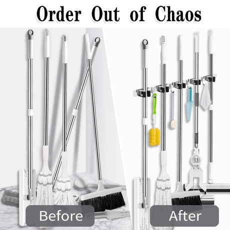 AceMining 5 Racks and 4 Hooks Mop and Broom Holder Wall Mount, Broom Organizer Storage Tool Racks Stainless Steel Heavy Duty Hooks Self Adhesive Solid Non-slip for Home Kitchen Garden Laundry Garage AceMining