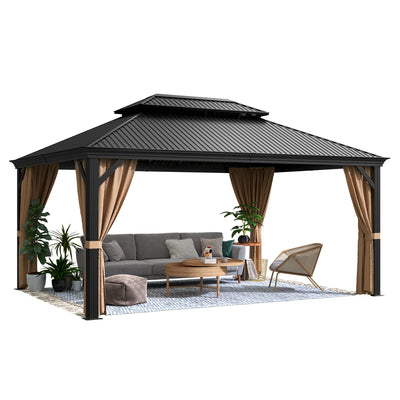 Flamaker Hardtop Gazebo Aluminum Frame Outdoor Gazebo with Privacy Curtains and Gauze Mesh Sunshade Pavilion Double Roof Canopy for Patio, Deck, Poolside (Aluminum Roof, 12' x 16')