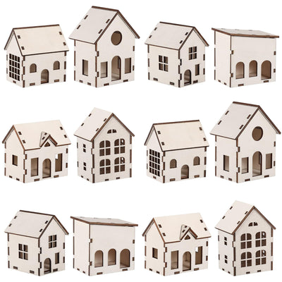 Hiboom 12 Pcs DIY Christmas Village Sets Wood Village Houses Christmas Mini Wooden House Gift for Winter Xmas Party Decorations