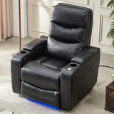 Electric Power Recliner Chair with LED Lights, Home Theater Seating with Swivel Tray Table, Faux Leather Recline Single Sofa Chair for Living Room with Hidden Arm Storage, Cup Holders, Black, 1 Piece Comfort Stretch