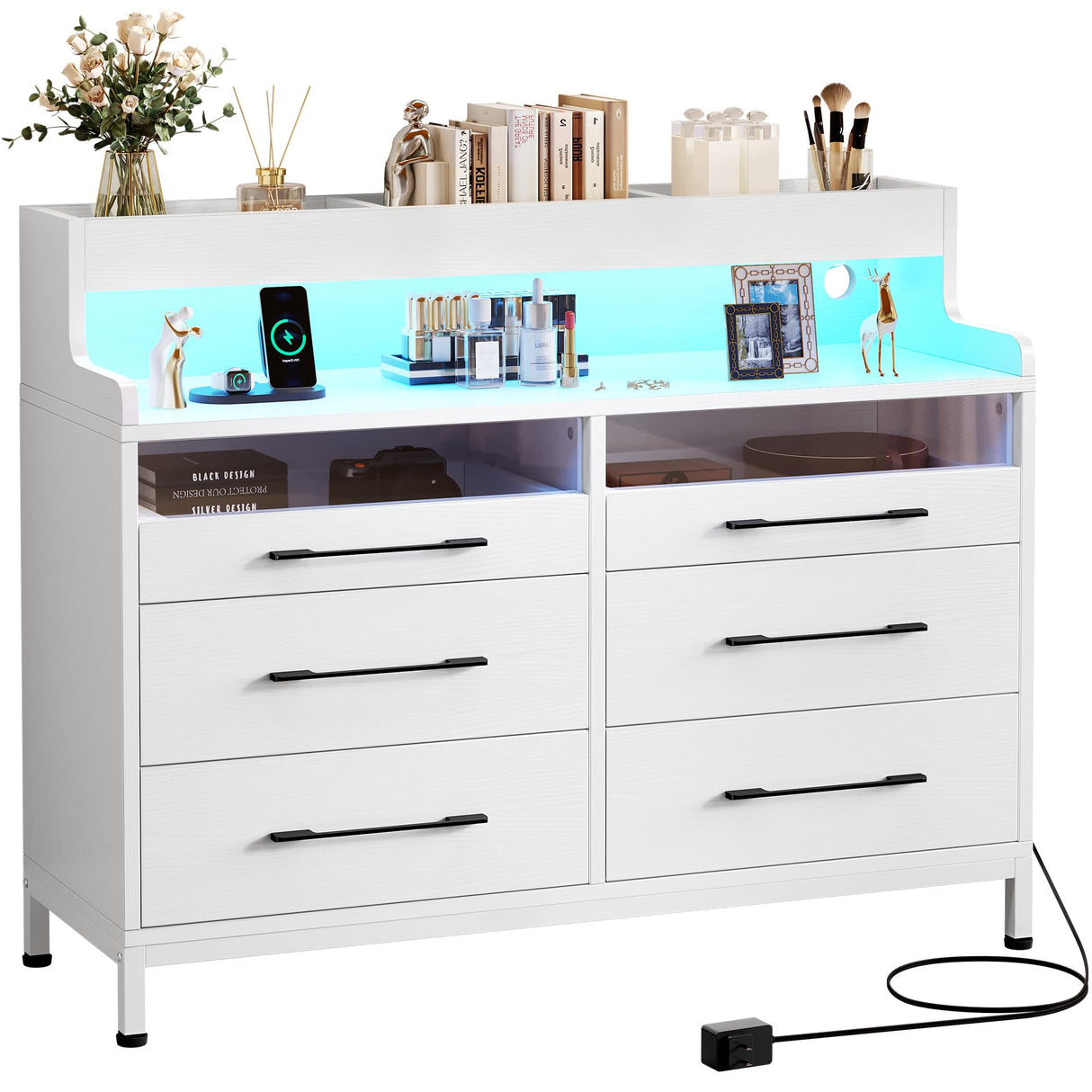 YITAHOME Dressers with LED Lights, 6 Drawer Dressers & Chests of Drawers, Modern Wood Dresser with Open Shelf Storage for Room, Entryway, Hallway, White YITAHOME