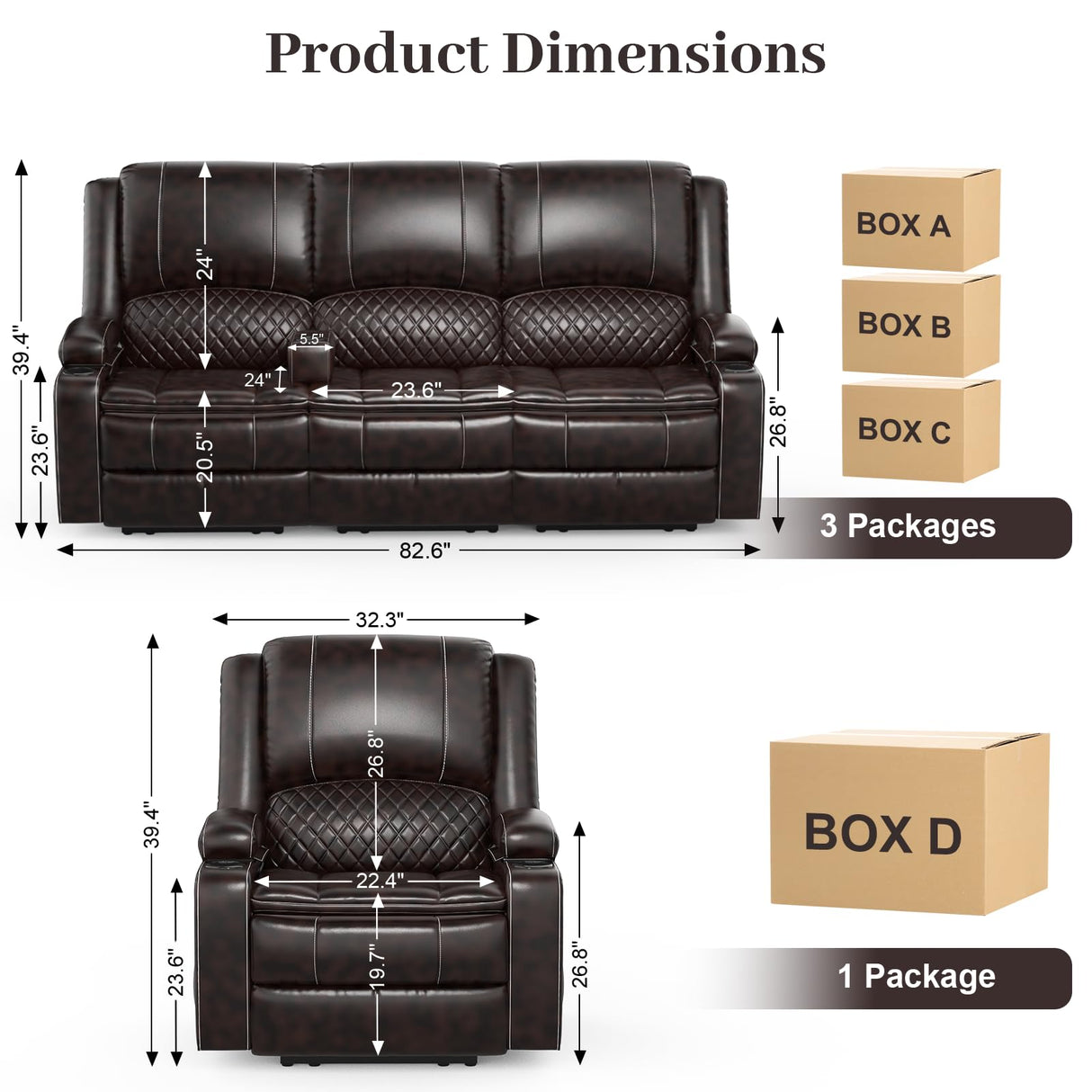 Yolsali 3 Seater Recliner Sofa Set with 2-Tier Cushion, 3+1 Pieces in Living Room, 3 Seater Reclining Couch Leather with Removable Console, 1 Oversize Recliner Chair Sofa Seat Yolsali