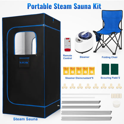 X-Vcak Portable Steam Sauna, Portable Sauna for Home, Sauna Tent Sauna Box with 2.6L Steamer, Remote Control, Folding Chair, 9 Levels, Black with Blue, 2.6’ x 2.6’ x 5.9’ - WoodArtSupply