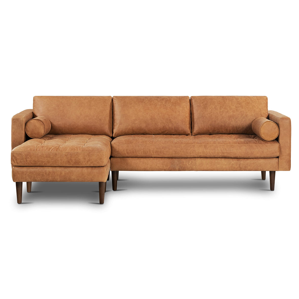 POLY & BARK Napa Leather Couch – Left-Facing Sectional Full Grain Leather Sofa with Tufted Back with Feather-Down Topper On Seating Surfaces – Pure-Aniline Italian Leather – Cognac Tan POLY & BARK
