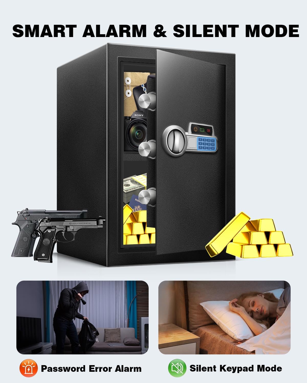 Fdsutvit Safe Box 2.2 Cu Ft, Steel Security with Digital Electronic Keypad, Safety Lock Box, Sensor Light, Removable Shelf, Home Safe for Valuables Documents Money Jewelry Guns Fdsutvit