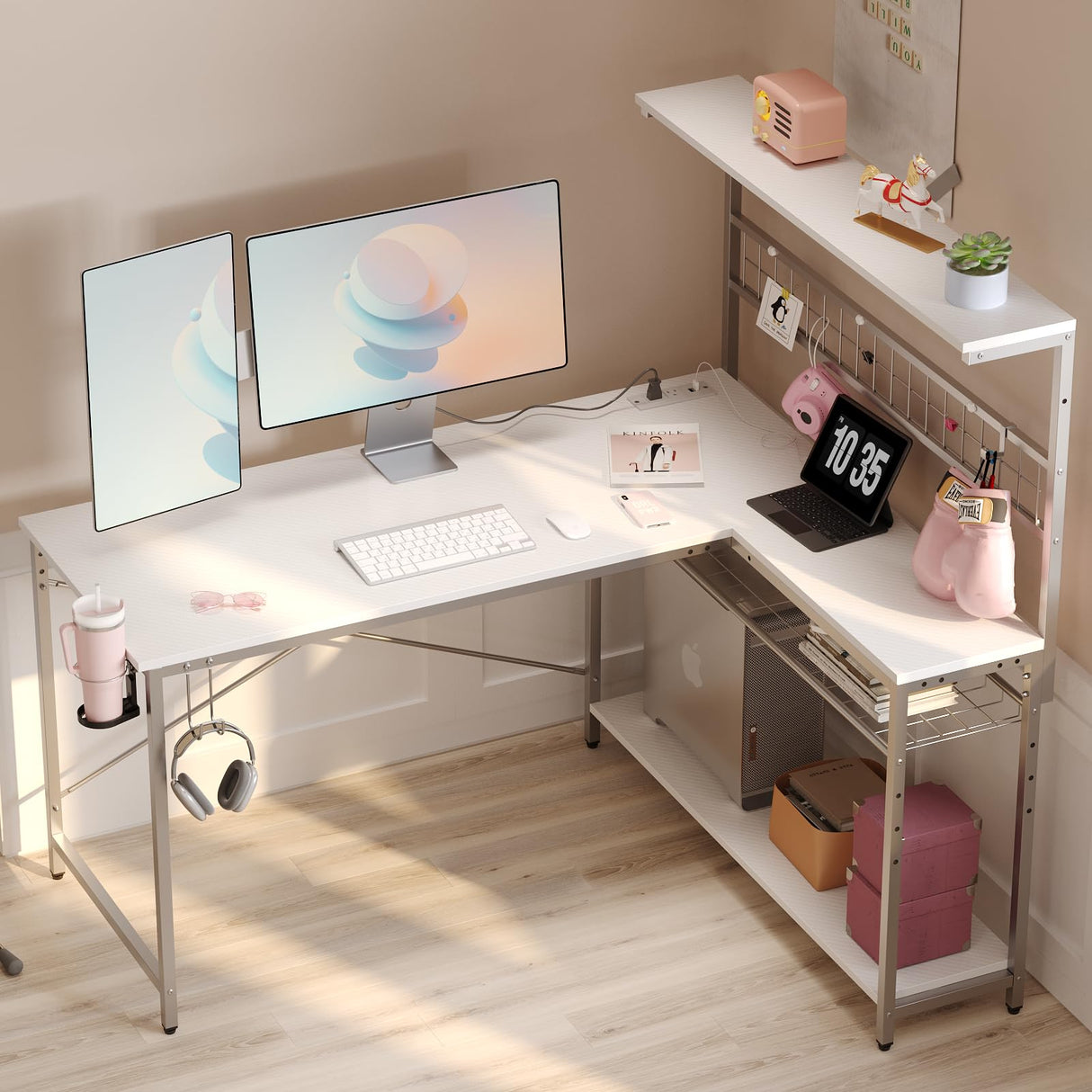 Bestier L Shaped Gaming Desk with Power Outlets, 51 inch LED Computer Desk Reversible Corner Desk with Metal Grid Pegboard and 4 Tiers Storage Shelves, Modern Writing Desk for Home Office, White Bestier