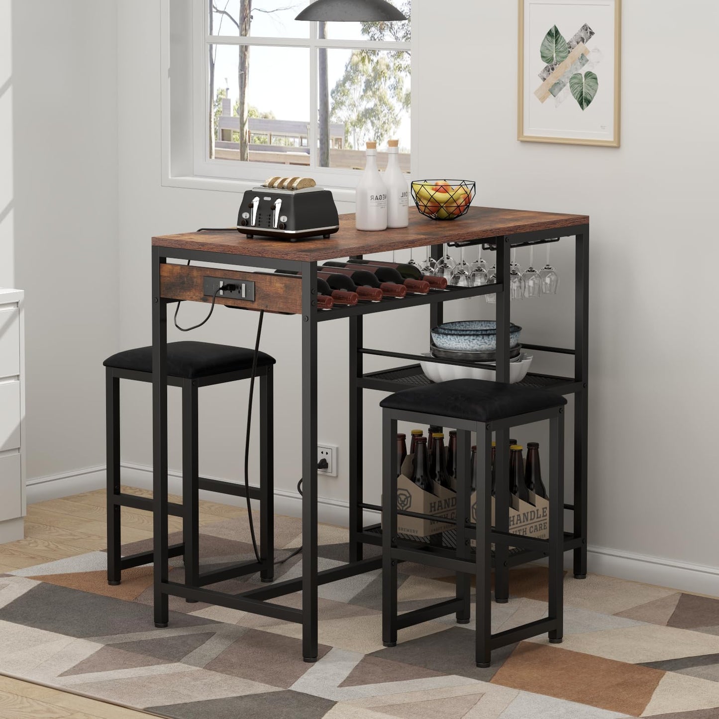 Gyfimoie Rustic Bar Table and Chair Set with Power Outlet, Storage Shelves, and Wine Rack - WoodArtSupply