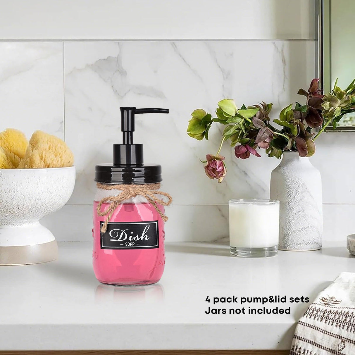 Onsogi Regular Mouth Plastic Mason Jar Soap Dispenser Pumps and Lids- Rust-Proof Mason Jar Accessories Rustic Farmhouse Kitchen Counter Top Bathroom Decor and Organization - 4 Pack onsogi