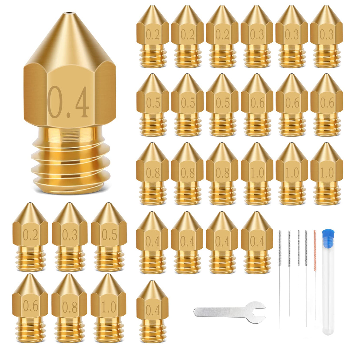 LAIHIFA 30PCS 3D Printer Nozzles, High Temperature&Wear Resistance, Better Thermal Conductivity Brass 3D Printer Nozzle 0.2mm, 0.3mm, 0.4mm, 0.5mm, 0.6mm, 0.8mm, 1.0mm for MK8, Ender 3, Creality CR10 LAIHIFA