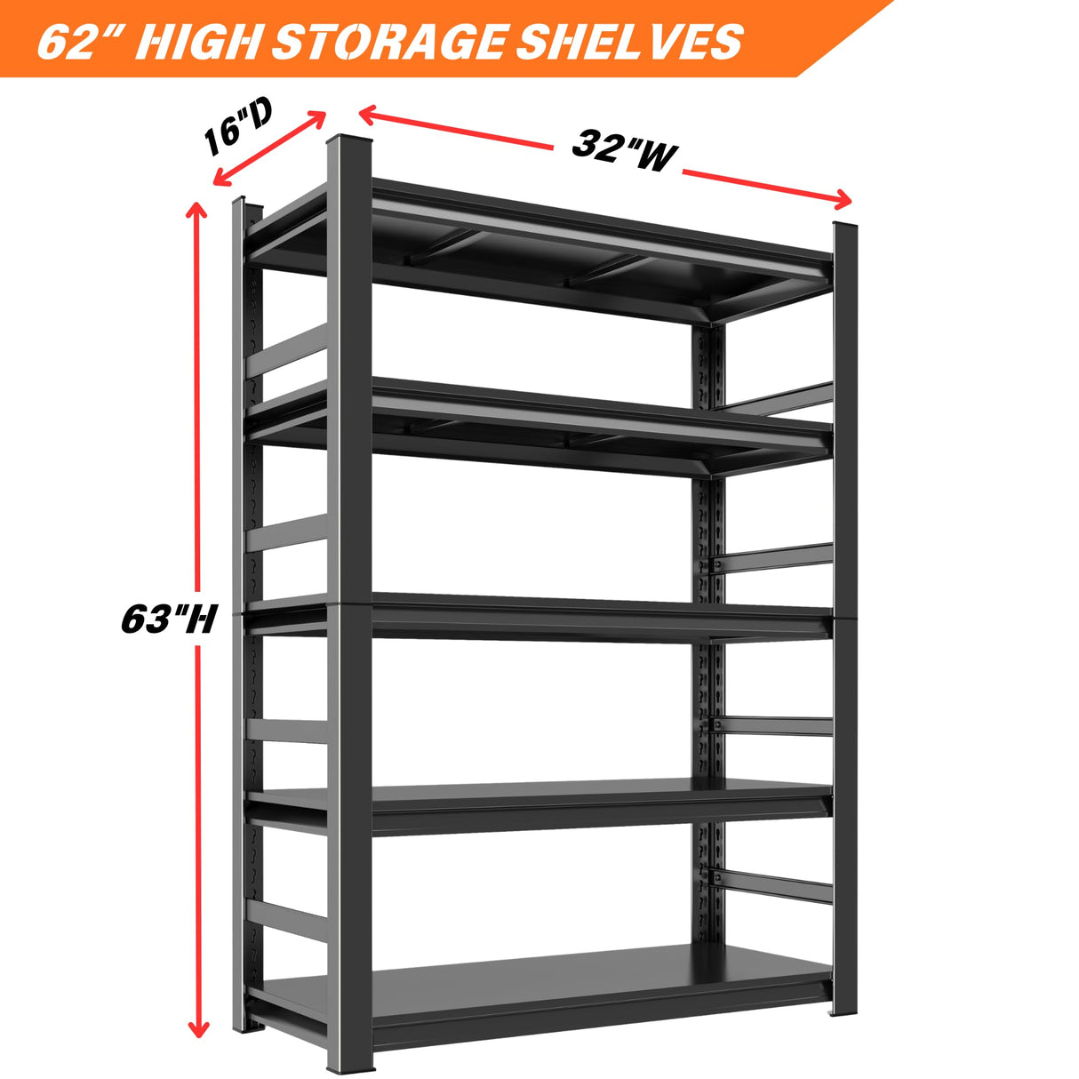 Notmise Garage Storage Shelving - Adjustable 5-Tier Heavy Duty Metal Shelving, 2500lbs High Load Capacity, Multi-Functional for Garage, Warehouse, or Home Storage, 63" H x 16" D x 32" W, Black Notmise