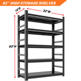 Notmise Garage Storage Shelving - Adjustable 5-Tier Heavy Duty Metal Shelving, 2500lbs High Load Capacity, Multi-Functional for Garage, Warehouse, or Home Storage, 63" H x 16" D x 32" W, Black Notmise