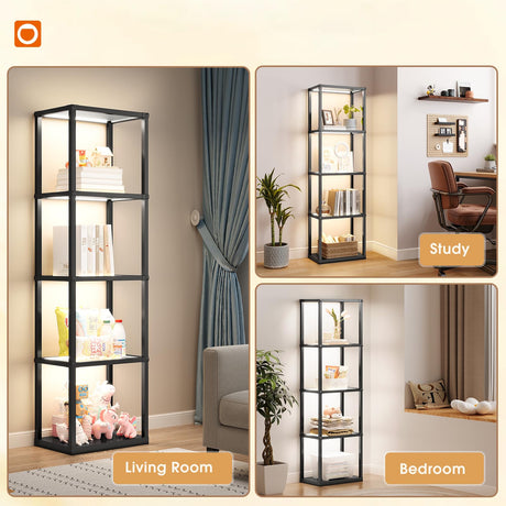 addlon Tall Display Shelf, Dimmable LED Lighted Shelves, Display Cabinet with Remote, Glass Curio Cabinet Bookcase with 3 Color Temperatures, Floor Lamp with Shelves for Living Room Decor addlon