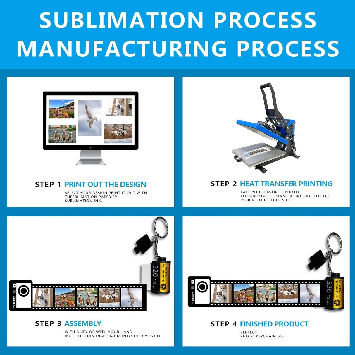 OKBA 4 pack Sublimation blank memory film roll keychain, double-sided sublimation camera film roll key chain, DIY custom blank products OKBA