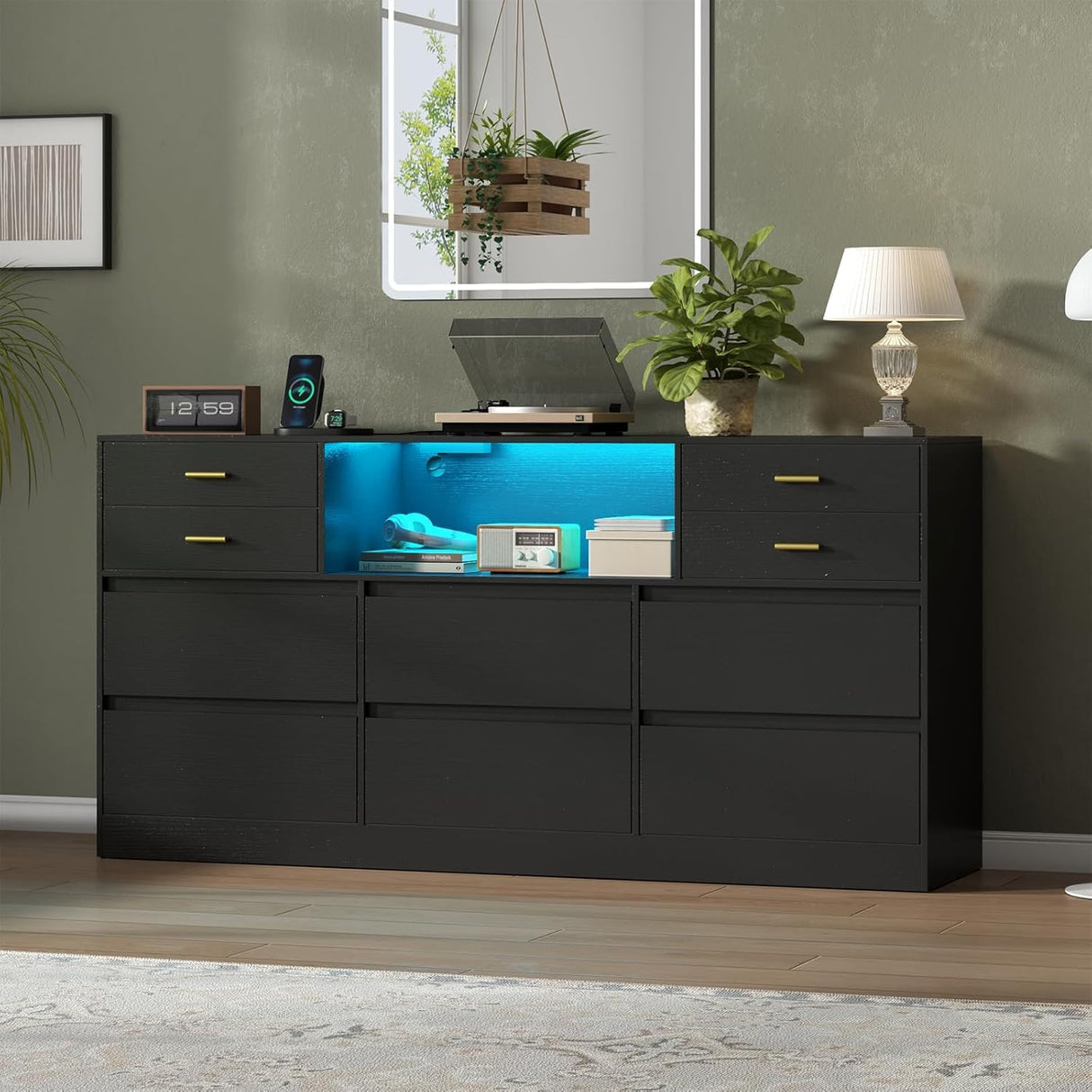 Loomie 10 Drawer Black Dresser with Charging Station & Led Lights for Bedroom, Long 58" Triple Wide Dresser TV Stand for TVs up to 65", Wide Chest of Drawer, Large Dressers Organizer with Open Cubby Loomie