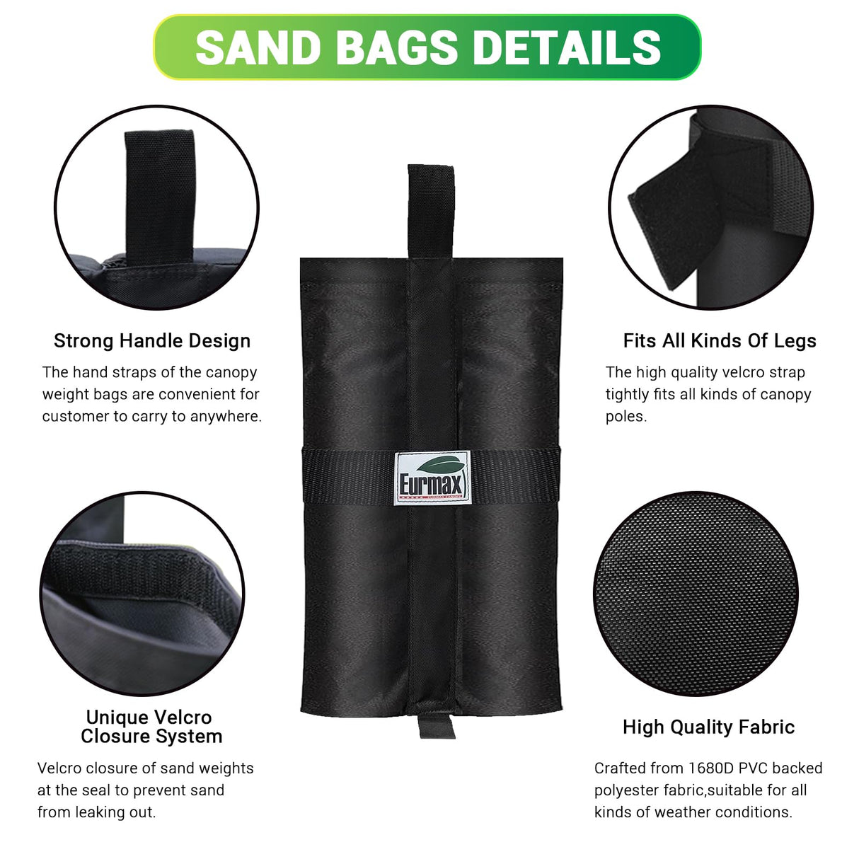 Eurmax USA Weight Bags for Pop up Canopy Outdoor Shelter,Gazebo Instant shelter Leg Canopy Weights, Sand Bags, Set of 4(Black) Eurmax