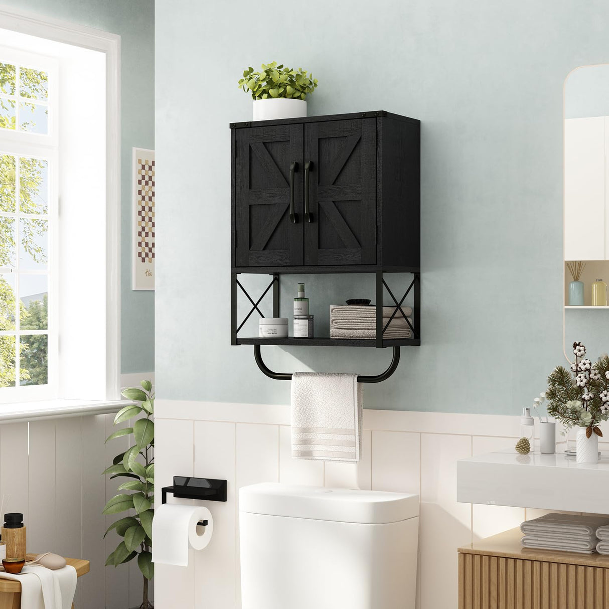 RUSTOWN Farmhouse Rustic Medicine Cabinet with Two Barn Door,Wood Wall Mounted Storage Cabinet with Adjustable Shelf and Towel Bar, 3-Tier Cabinet for Bathroom, Living Room(Black) RUSTOWN