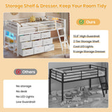 BTHFST Twin Loft Bed for Kids, Low Loft Bed Twin Size with 9 Storage Dresser, LED Lights, 2 Storage Shelves & Stairs, Metal White Bed with Safety Guardrail for Young Teens, Space Saving, White BTHFST