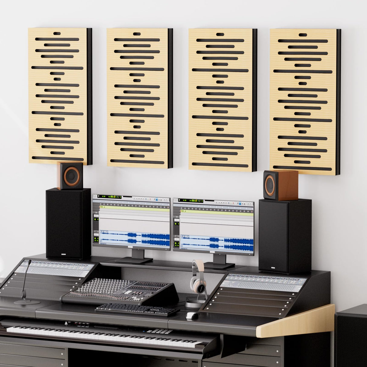 TONOR 4-Pack Acoustic Wood Wall Panels, 23.6” * 11.8” * 1.9” 3D Self-adhesive Wall Panel, Three-layer Soundproof Tiles for Echo Absorbtion, Acoustical Barrier of Polyester Fiber, wood, Burly Wood TONOR