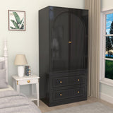 Wardrobe Closet with 2 Door & 2 Drawers, 71" Black Bedroom Wooden Armoire with Hanging Rod, Freestanding Large Capacity Clothing Wardrobe Cabinet w/Gold Handles for Bedroom Buenhomino