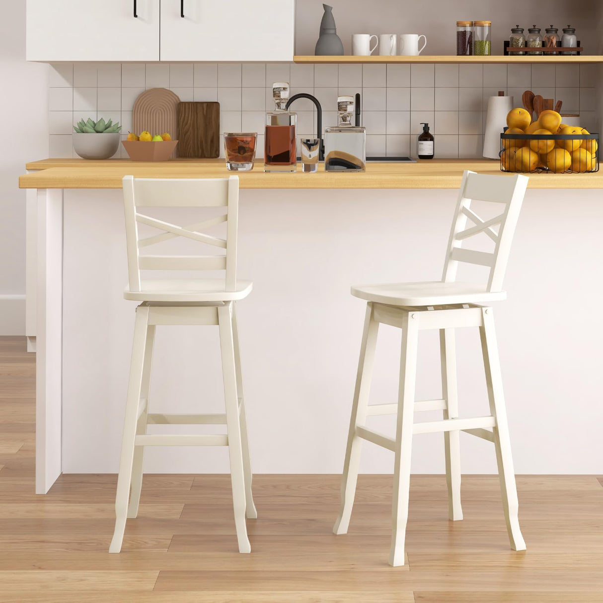 COSTWAY 30-Inch Bar Height Stool Set of 2, Rubber Wood Swivel Bar Stool with Inclined Backrest, Curved Seat & Footrest, Bar Chair for Kitchen Island & Pub (2, White) COSTWAY