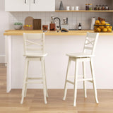 COSTWAY 30-Inch Bar Height Stool Set of 2, Rubber Wood Swivel Bar Stool with Inclined Backrest, Curved Seat & Footrest, Bar Chair for Kitchen Island & Pub (2, White) COSTWAY