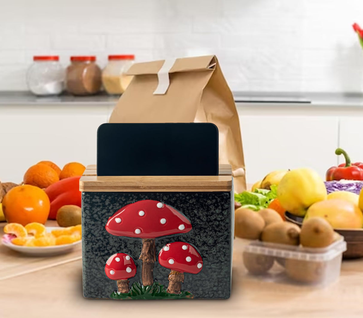 dgudgu Mushroom Recipe Box With Cards And Dividers Ceramic Recipe Card Box Cute Recipe Box And Cards Black Recipe Cards And Box Set With Bamboo Lid dgudgu