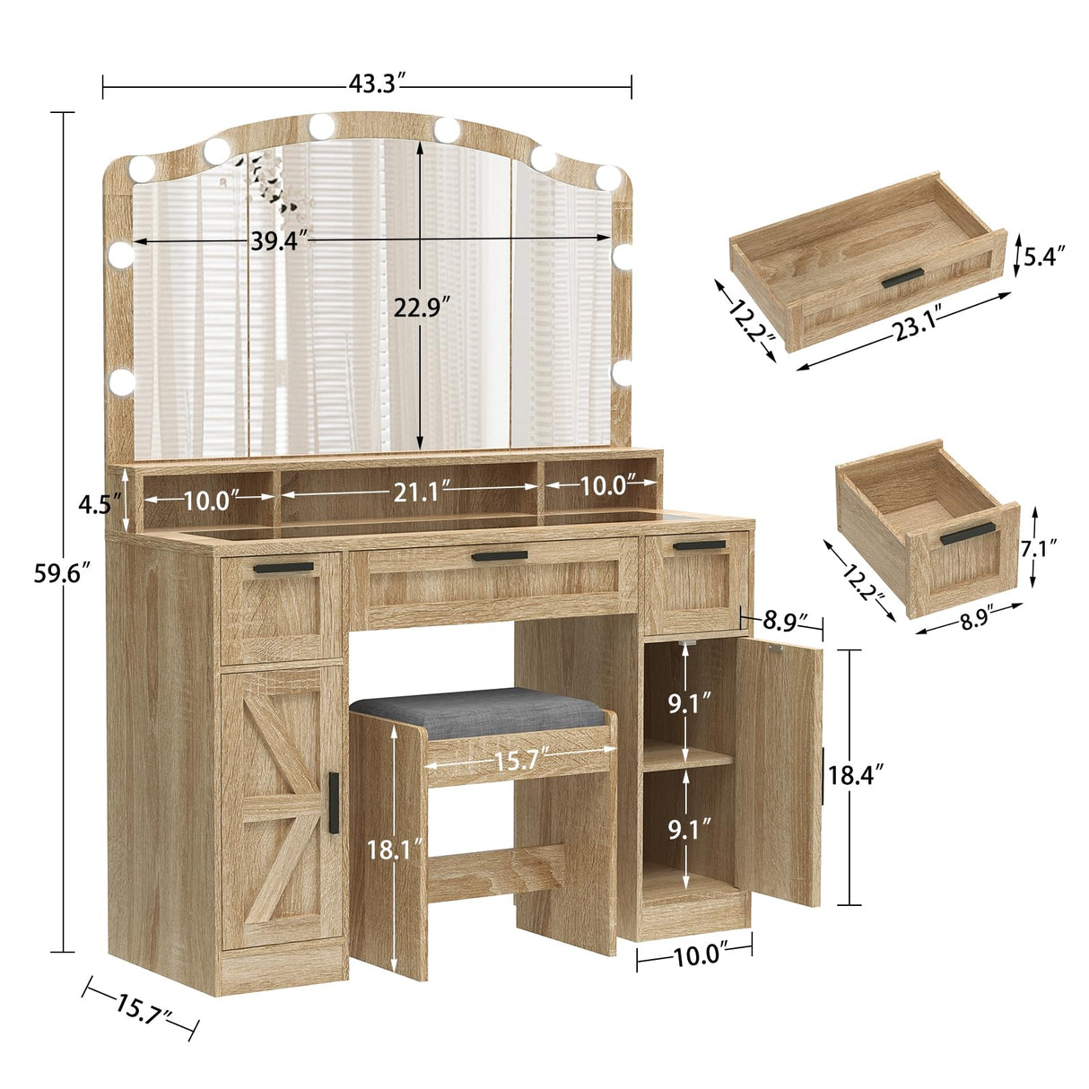 usikey Farmhouse Vanity Desk with Large Lighted Mirror and 10 Lights, 43.3" Glass Tabletop Makeup Vanity with 3 Drawers, Large Vanity Tabel Set with Long Storage Shelf, 2 Cabinets and Stool, Maple usikey