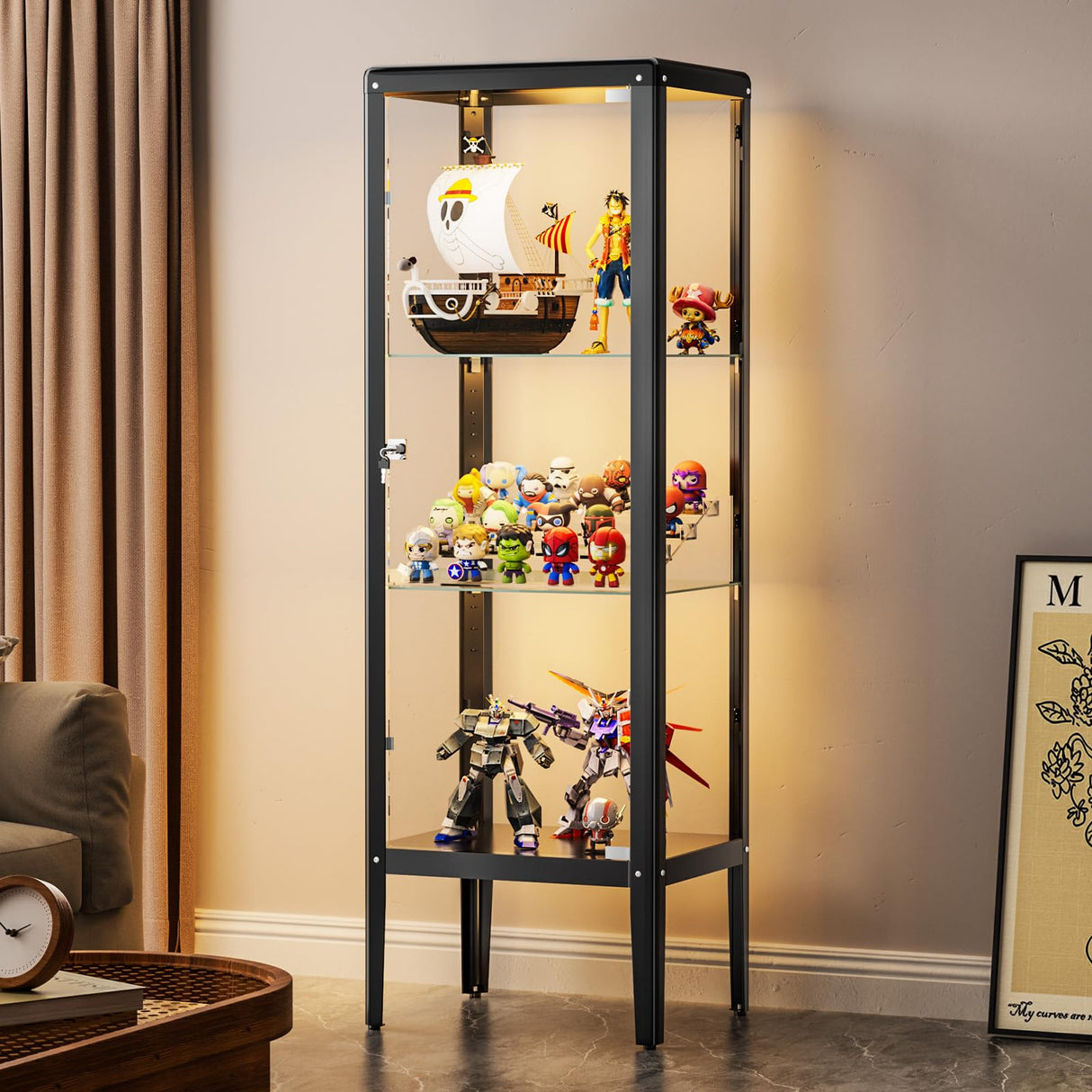 Ryoko Display Cabinet with Glass Door, Adjustable 3-Shelf Shelves, Curio Cabinet with LED Light, Glass Display Cabinet with Lock,Storage Cabinets, Dark Grey Ryoko