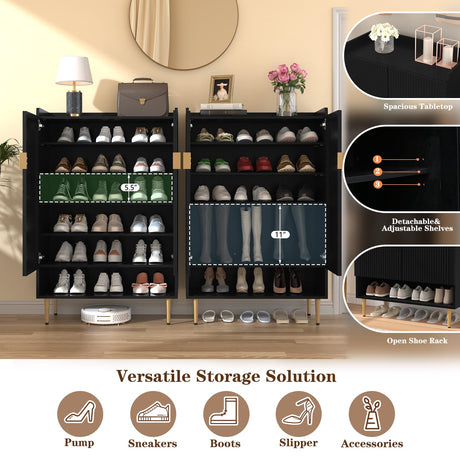 HLR Modern Shoe Cabinet Storage for Entryway, 6-Tiers Shoes Cabinet with Fluted Doors, Wood Shoes Rack with Adjustable Shelves, Black Shoe Organizer for Front Door Entrance, Closet, Living Room HLR
