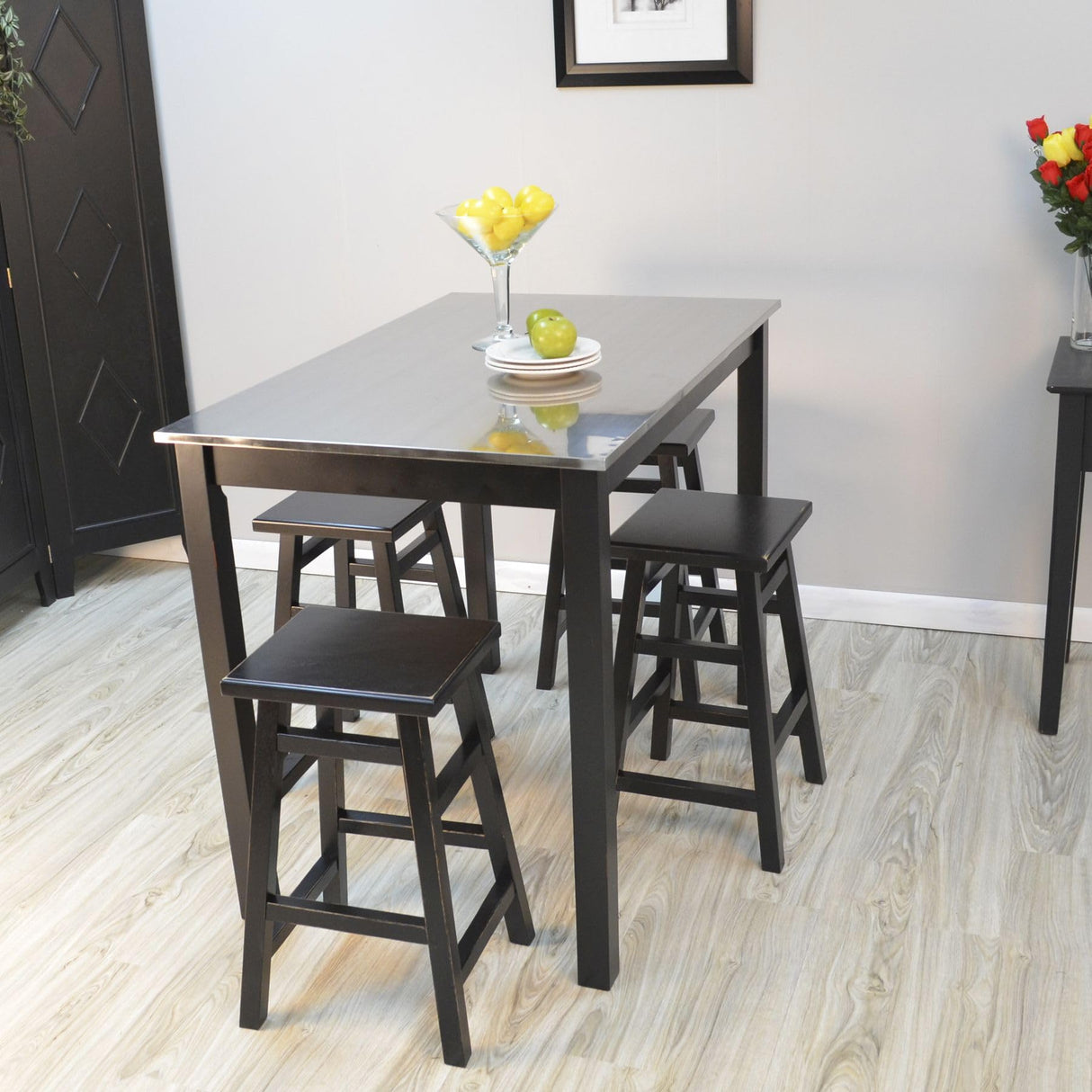 Carolina Chair & Table Cambell Stainless Steel Top Counter Height Bar Table – Contemporary Rectangular Alloy Steel Base with Natural Wood Legs Furniture - Stylish Chestnut Black Handle (Antique Black) Carolina Chair & Table