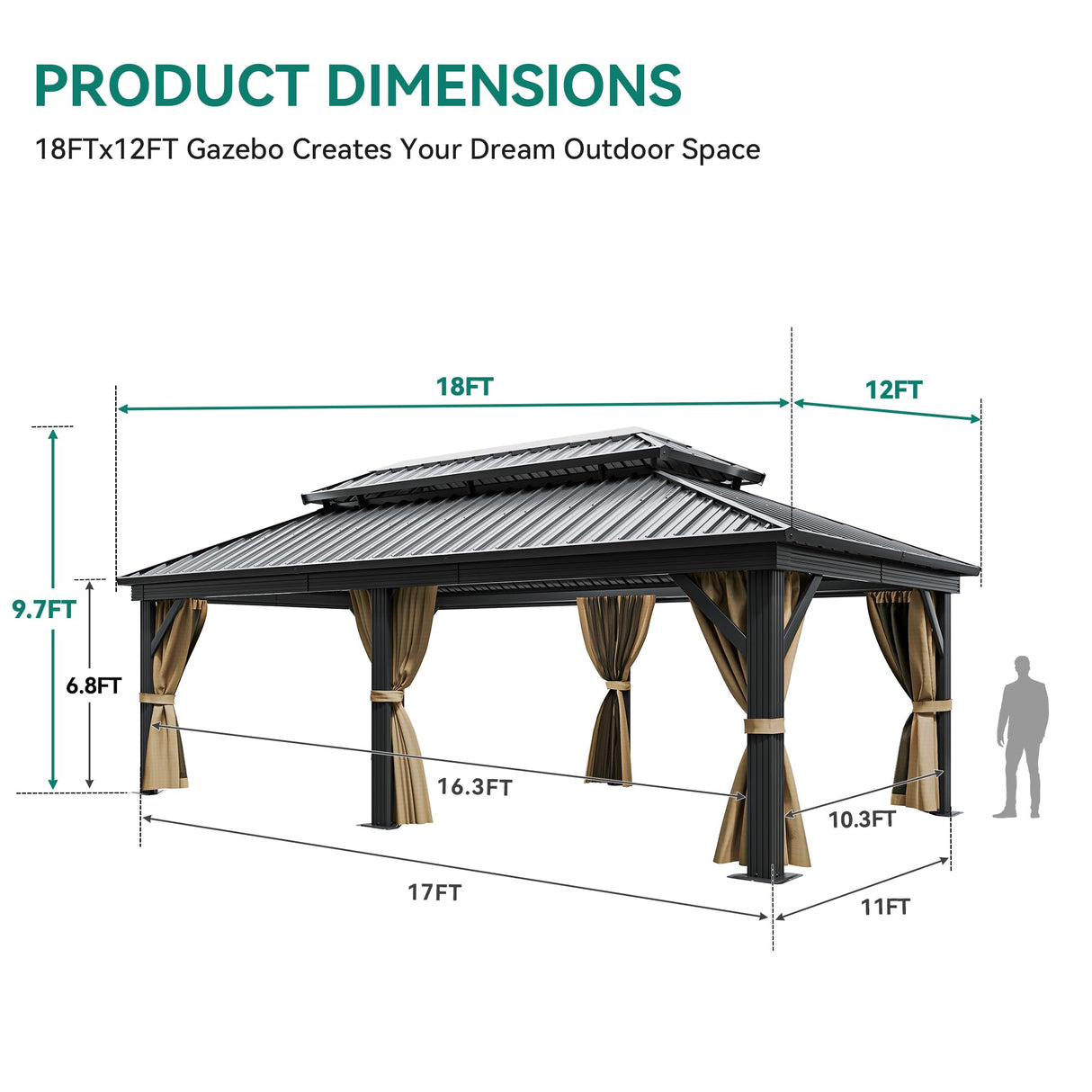 YITAHOME 12x18ft Gazebo Double Roof Hardtop Canopy Outdoor Heavy Duty w/Nettings and Curtains, Upgraded Aluminum Column Galvanized Steel Vertical Stripes Roof for Patio, Backyard, Deck, Lawns, Brown YITAHOME