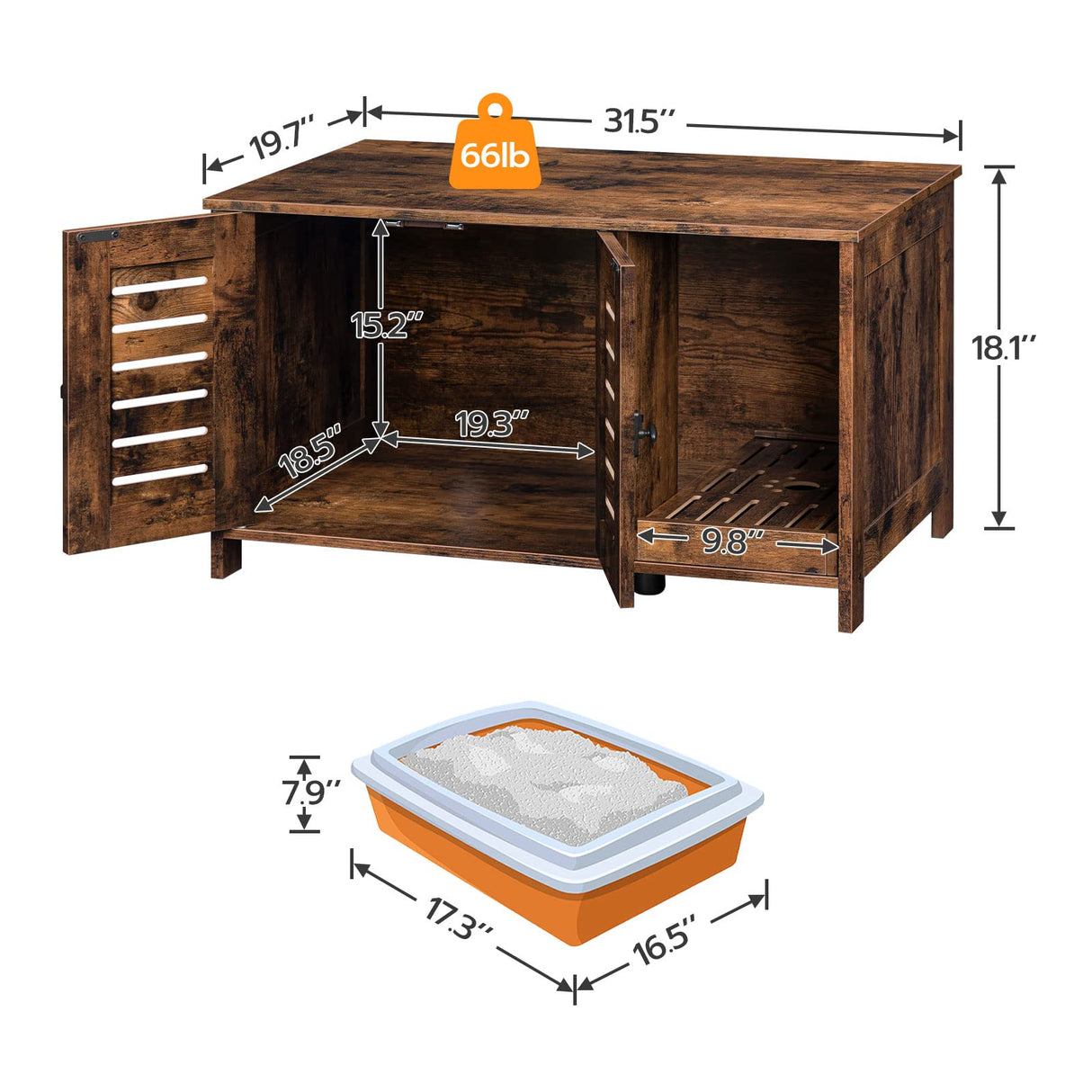 HOOBRO Cat Litter Box Enclosure, Double Door Litter Box Furniture, Hidden Litter Box Furniture, Splash-Proof Litter Control Board, Side Table, Coffee Bedside Table, Rustic Brown FG80MW01 HOOBRO