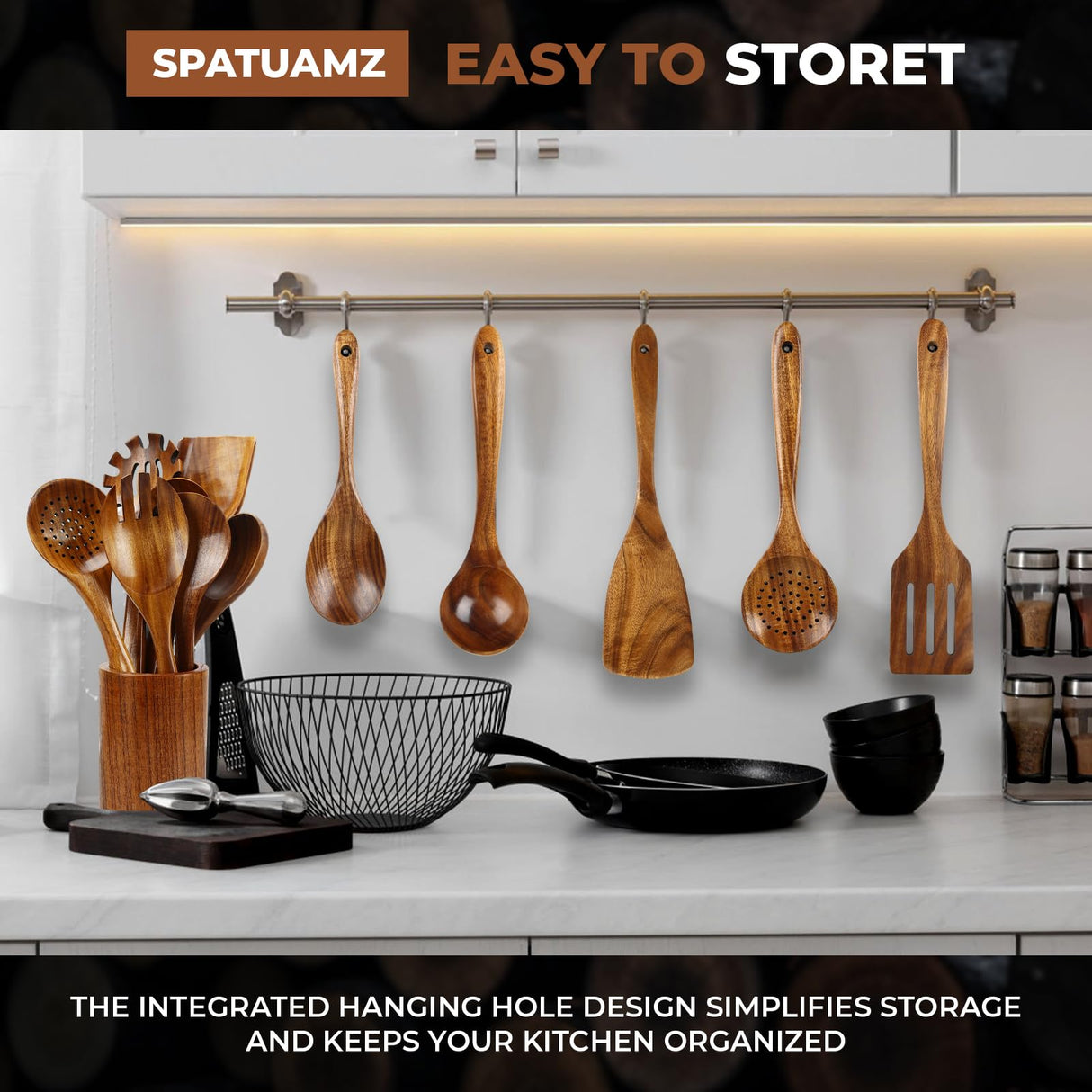 SPATUAMZ Teak Wood Spoons for Cooking, Elegant Wooden Cooking Set of 10, Excellent Kitchen Cooking Utensils Set for Home SPATUAMZ